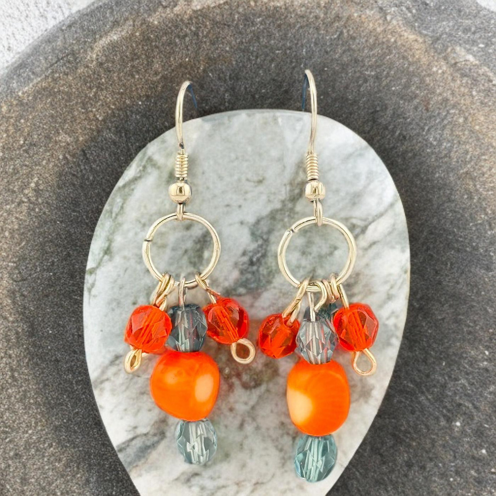 4/$15 Bold Orange & Gray Beaded Earrings